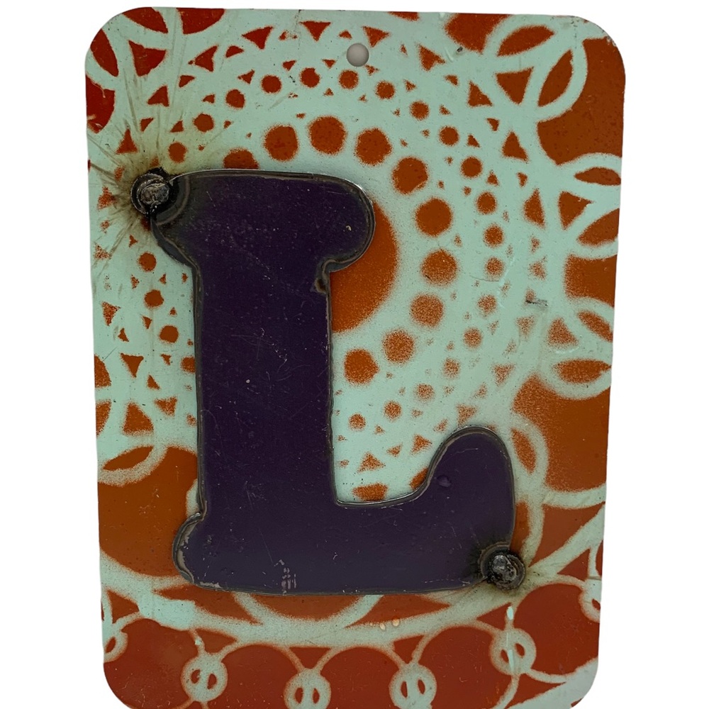 Handcrafted Welded Recycled Metal Letter L Art Sign Painted Orange White Purple